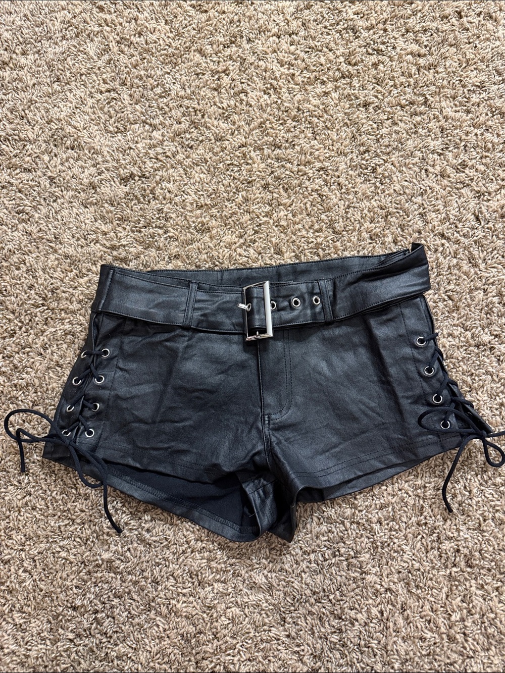 SHEIN Black High-Waist Faux Leather Lace-Up Belted Shorts